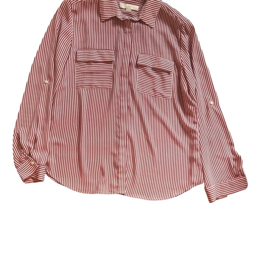 LOFT Women’s Stripped Dress Shirt Maroon and White Size L - Picture 8 of 10